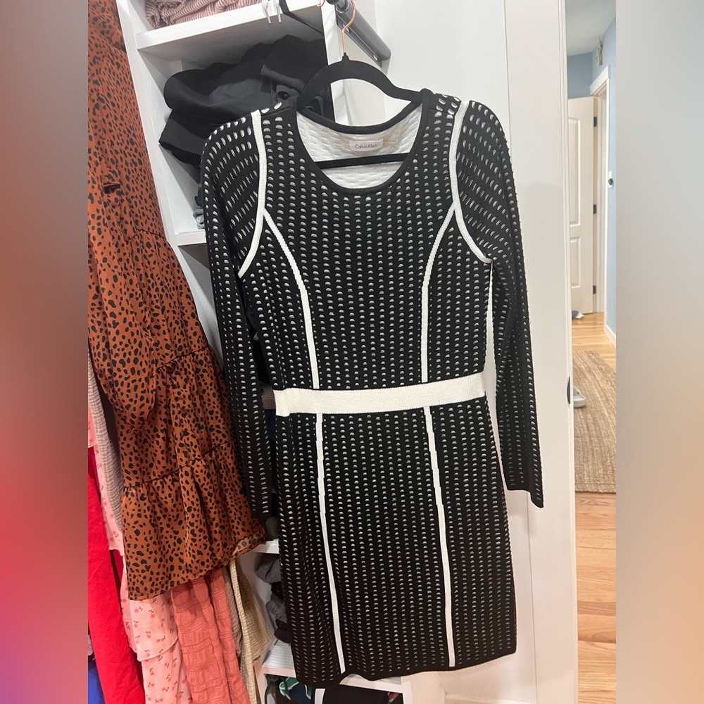Calvin Klein Black and White Sheath Dress Long Sleeve Crew Neck